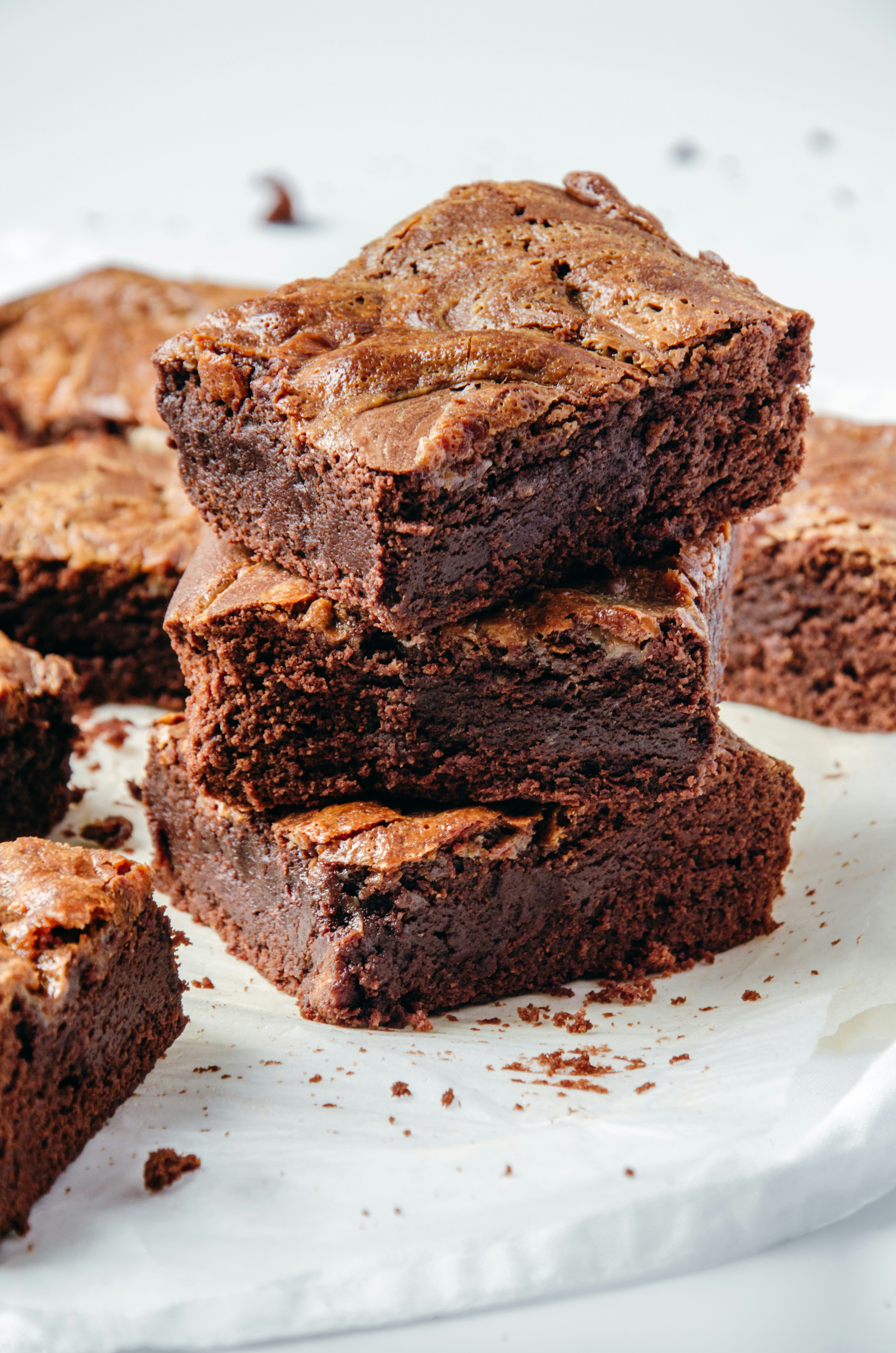 Stacked Nigel Slater chocolate brownies with crackly tops and rich fudgy centres
